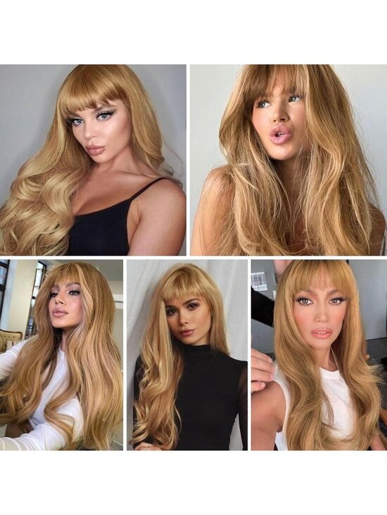 Women\'s Honey Blonde Heat Resistant Long Curly Wavy Synthetic Wig Bang Size 26In main image 4